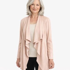 MELANIE LYNE Pale Pink Waterfall Front Faux Suede Long Line Jacket / Cardigan 12